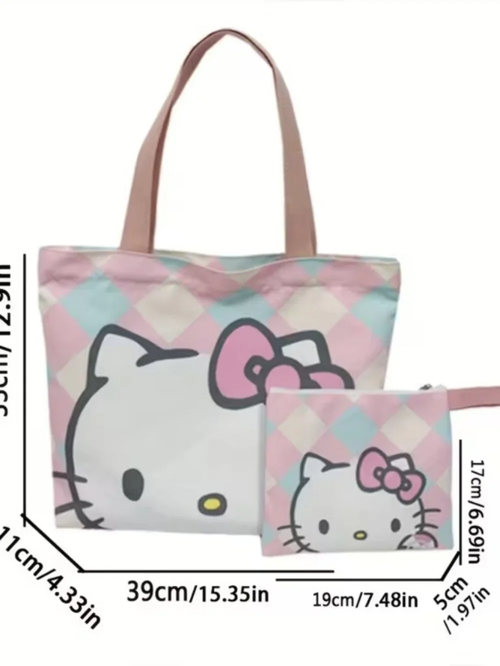 Sanrio Hello Kitty Teal Pink Black Diamond-Print Tote with Coin Pouch - Picture 3 of 3